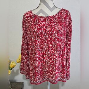 Max Studio Red Floral Peasant Blouse Long Sleeve Top Bohemian Size Medium